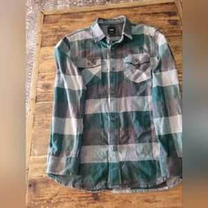 Vans Boys Youth Green and Gray Plaid Button-Up Long Sleeve Shirt XS
